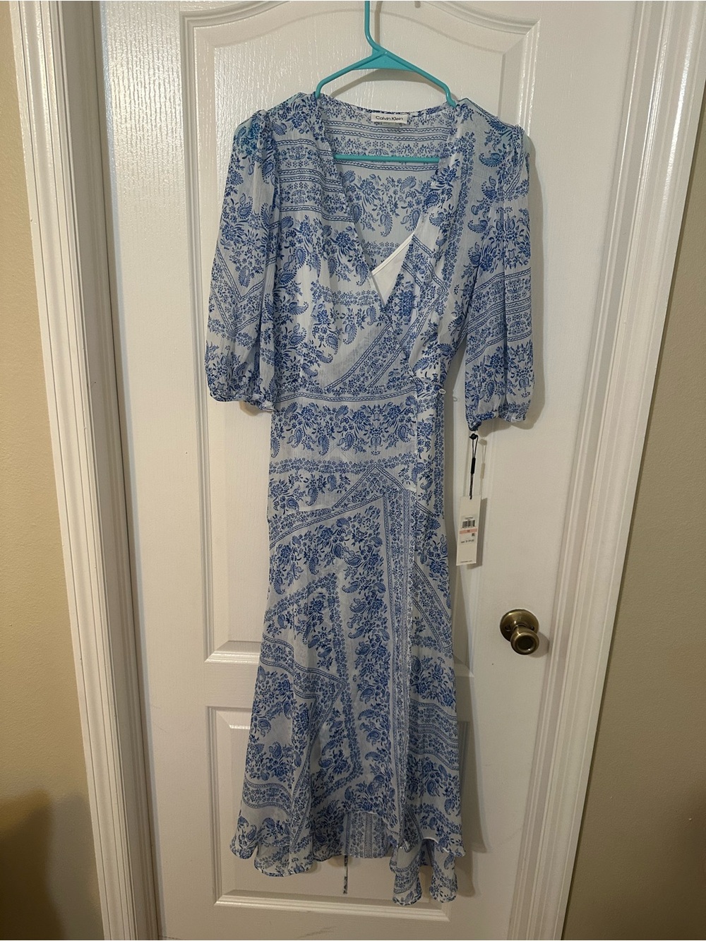 Calvin Klein Light Blue & White Floral Wrap Midi Dress